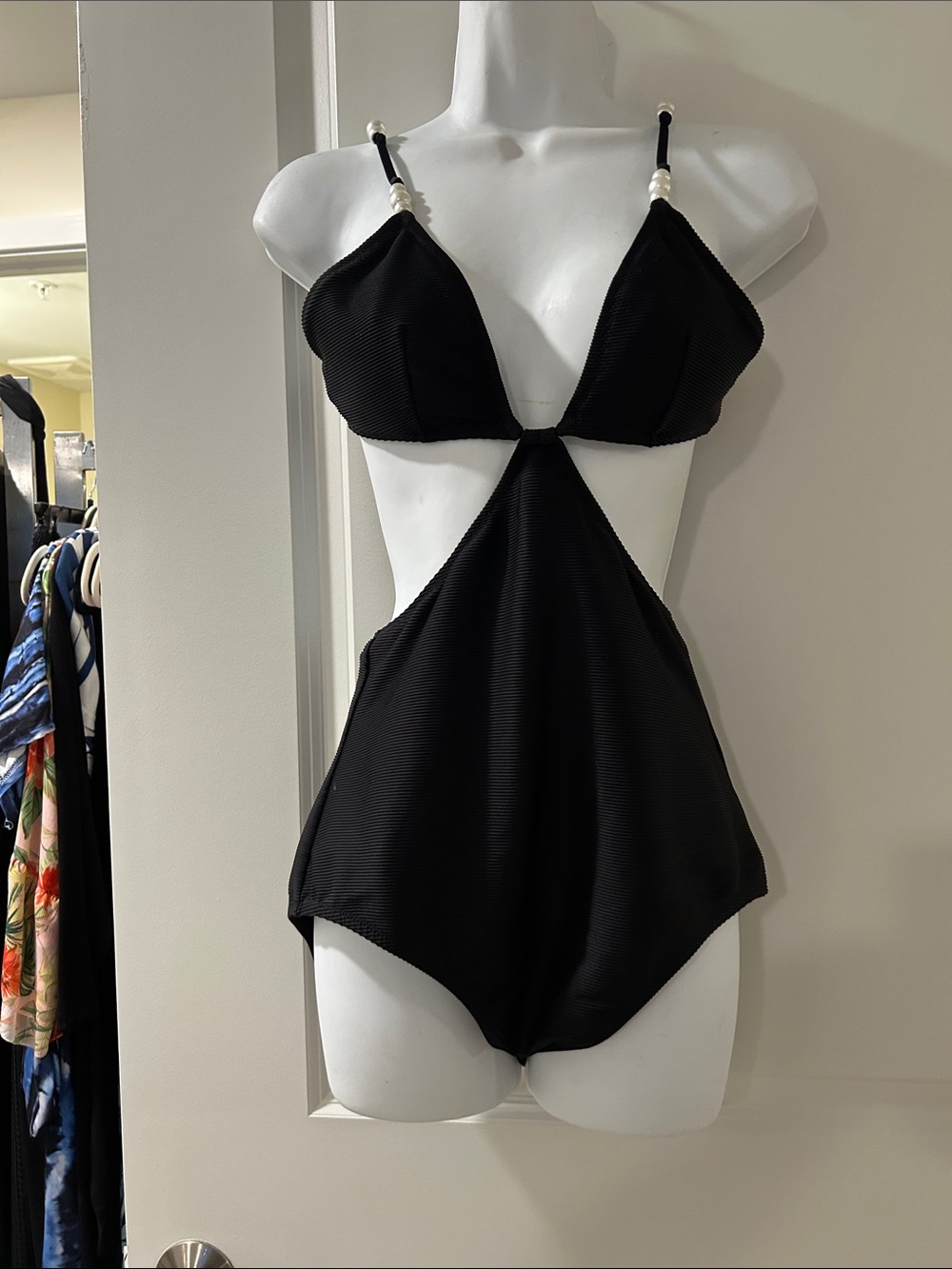 J. Crew Black Cutout One-Piece Swimsuit with Pearl Strap Accents